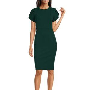 Calvin Klein Crew Neck Short Tulip Sleeve Solid Sheath Stretch Dress